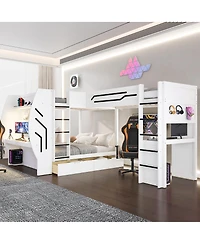 Streamdale Furniture L-Shaped 3-in-1 Gaming Bunk Bed with Desks, Charging Station and Storage