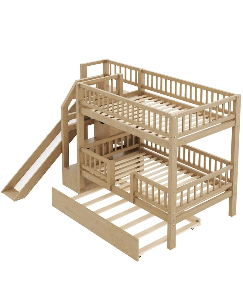 Streamdale Furniture Twin over Twin Bunk Bed with Storage Staircase, Slide and Trundle