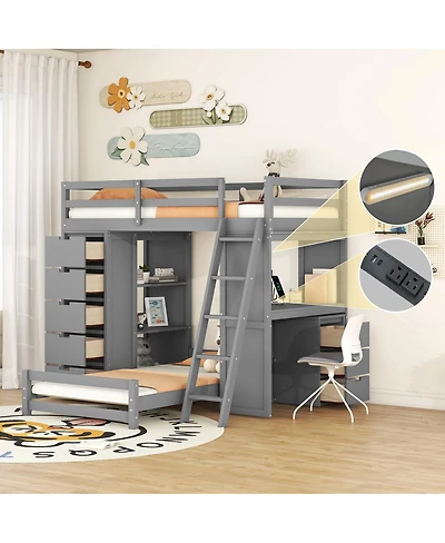Streamdale Furniture Twin over Twin Bunk Bed with Led Lights and Usb Ports