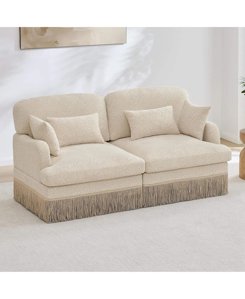 Maison Boucle Deep Seat Loveseat Couch, Leopard Print Chenille, Ergonomic Back Support, Tassel Edge, With Pillows