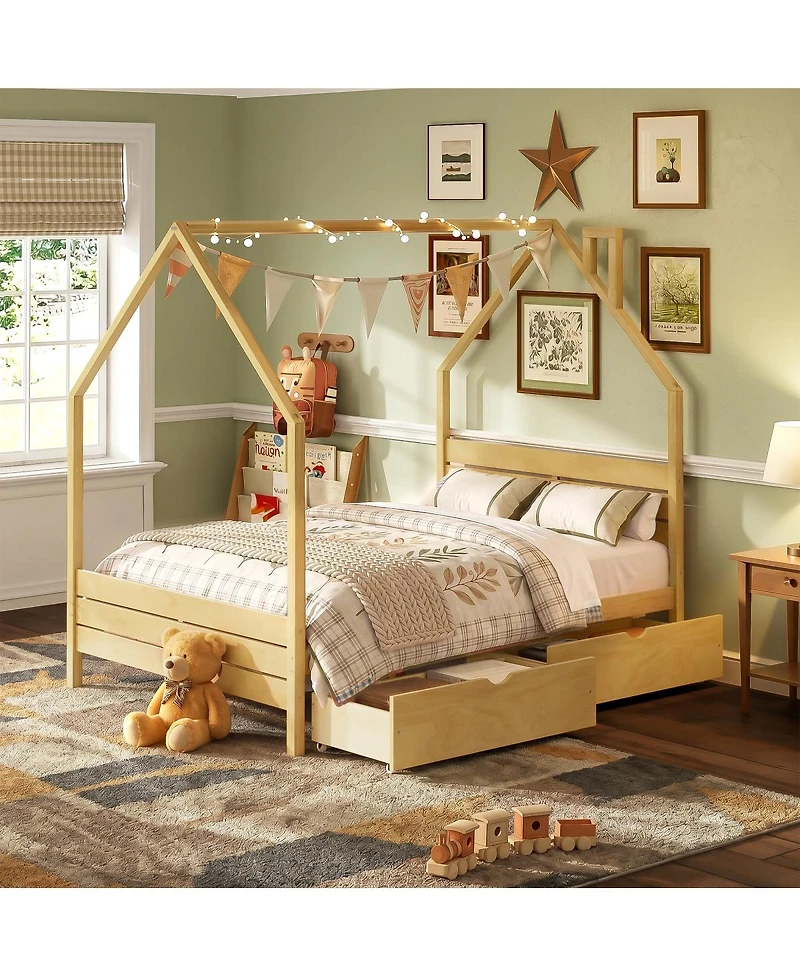 Streamdale Furniture Full House Bed Frame with 2 Storage Drawers, Montessori Style