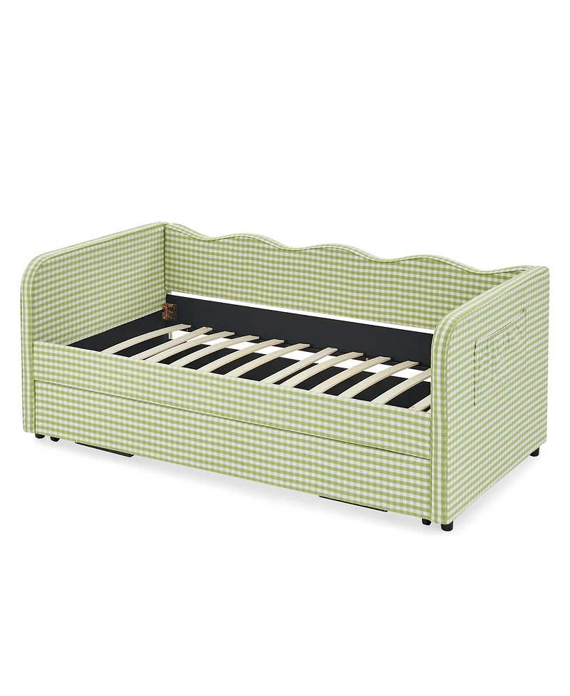 Streamdale Furniture Gingham Upholstered 3-in-1 Twin Daybed with Trundle and Side Pockets