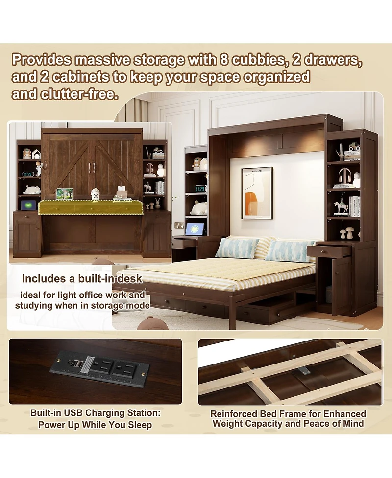 Streamdale Furniture Queen Size Murphy Bed with Desk, Storage Cabinets and Drawers