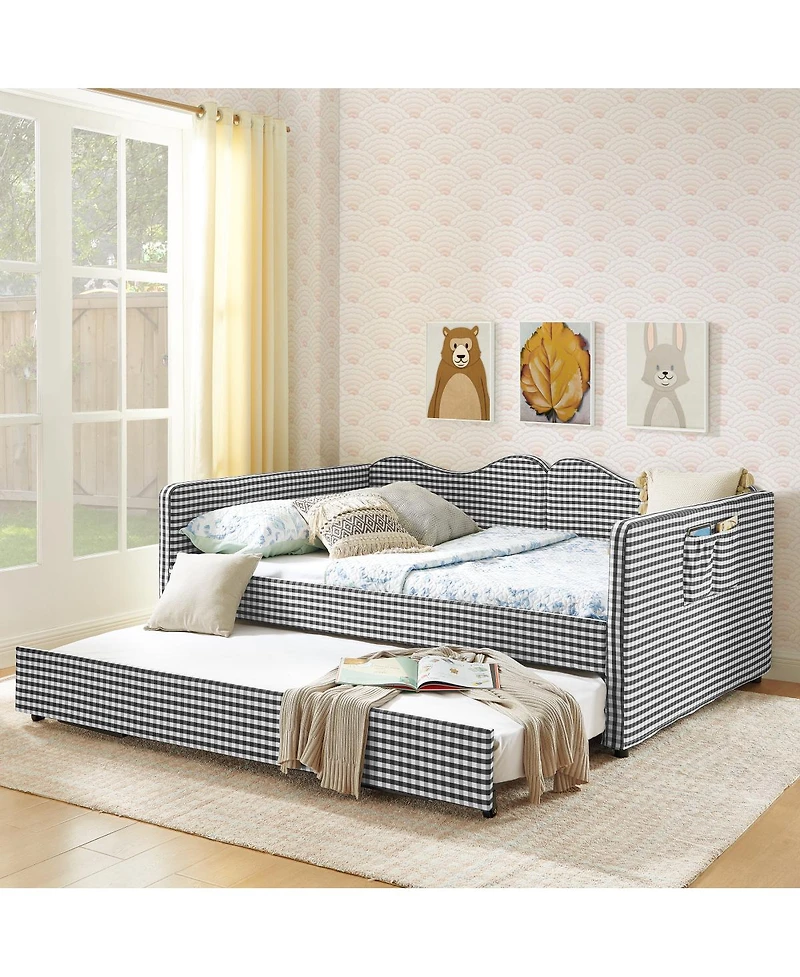 Streamdale Furniture Gingham Upholstered Full-Size Daybed with Trundle and Side Storage Pocket