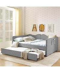 Streamdale Furniture Gingham Upholstered Full-Size Daybed with Trundle and Side Storage Pocket