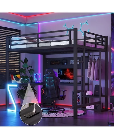 Streamdale Furniture Full Loft Bed with L-Shaped Desk, Usb Ports, and Gaming Lights