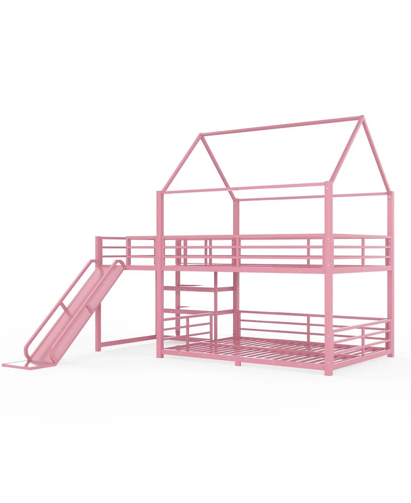 Streamdale Furniture Full Metal House Bunk Bed with Storage Stairs, Slide, Safety Rails