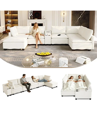 Streamdale Furniture 121.2" Modular U-Shaped Cloud Sectional Sofa with Storage, Usb and Bluetooth