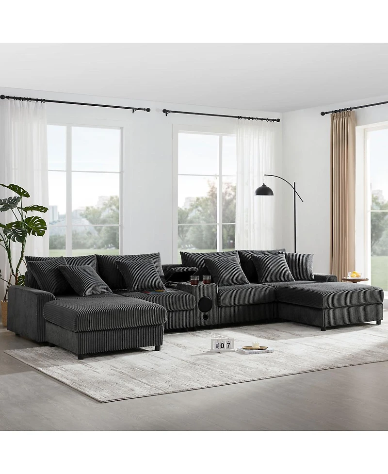 Streamdale Furniture Corduroy U-Shaped Sectional Sofa with Bluetooth Speakers and Storage