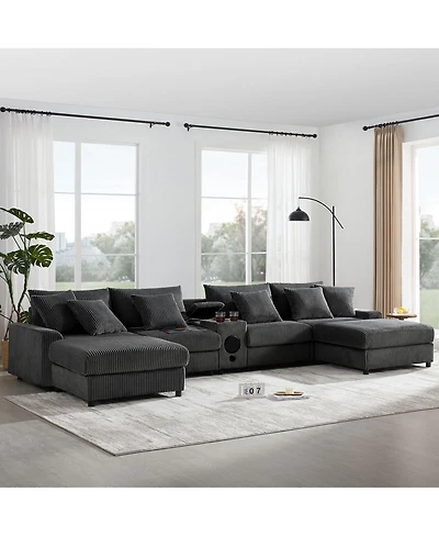 Streamdale Furniture Corduroy U-Shaped Sectional Sofa with Bluetooth Speakers and Storage