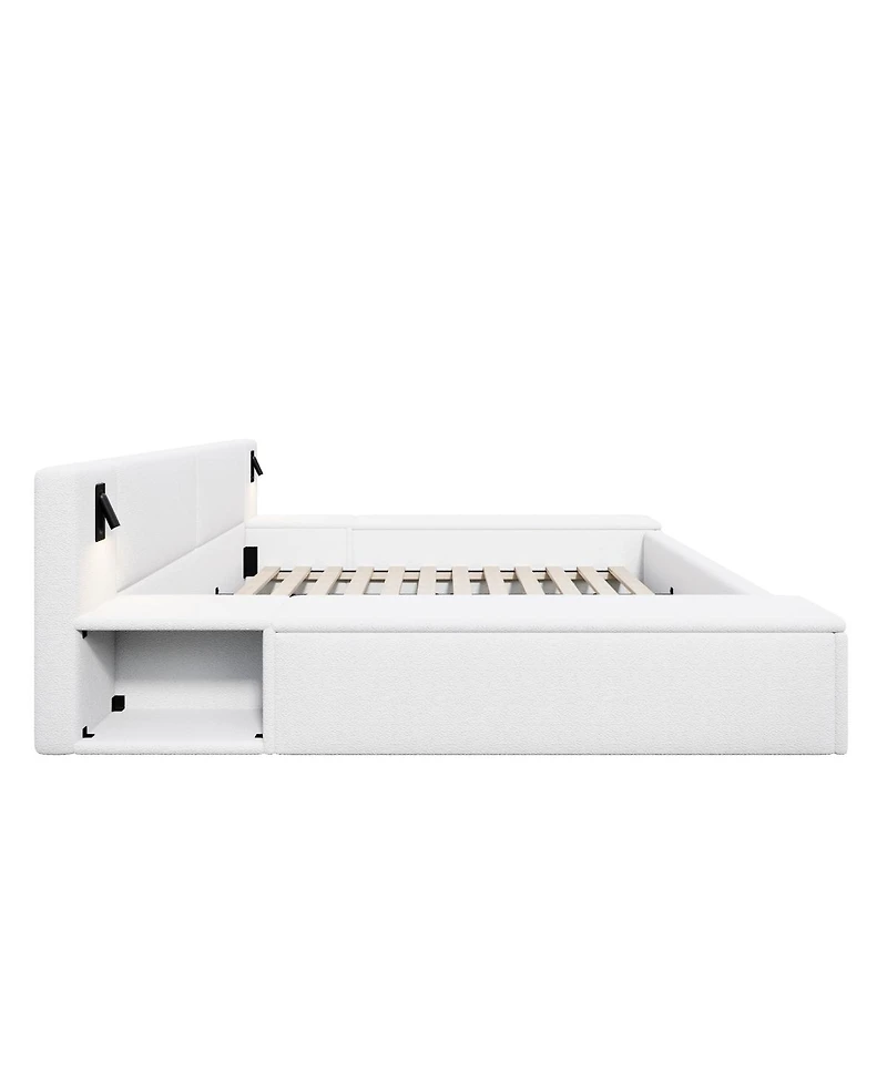 Streamdale Furniture Queen Teddy Fleece Platform Bed with Hidden Storage, Nightstands and Led Lights
