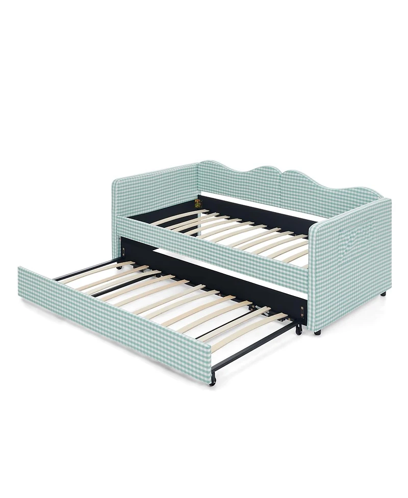 Streamdale Furniture Gingham Upholstered Twin Daybed with Pull-Out Trundle and Side Storage Pocket