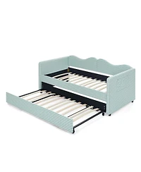 Streamdale Furniture Gingham Upholstered Twin Daybed with Pull-Out Trundle and Side Storage Pocket