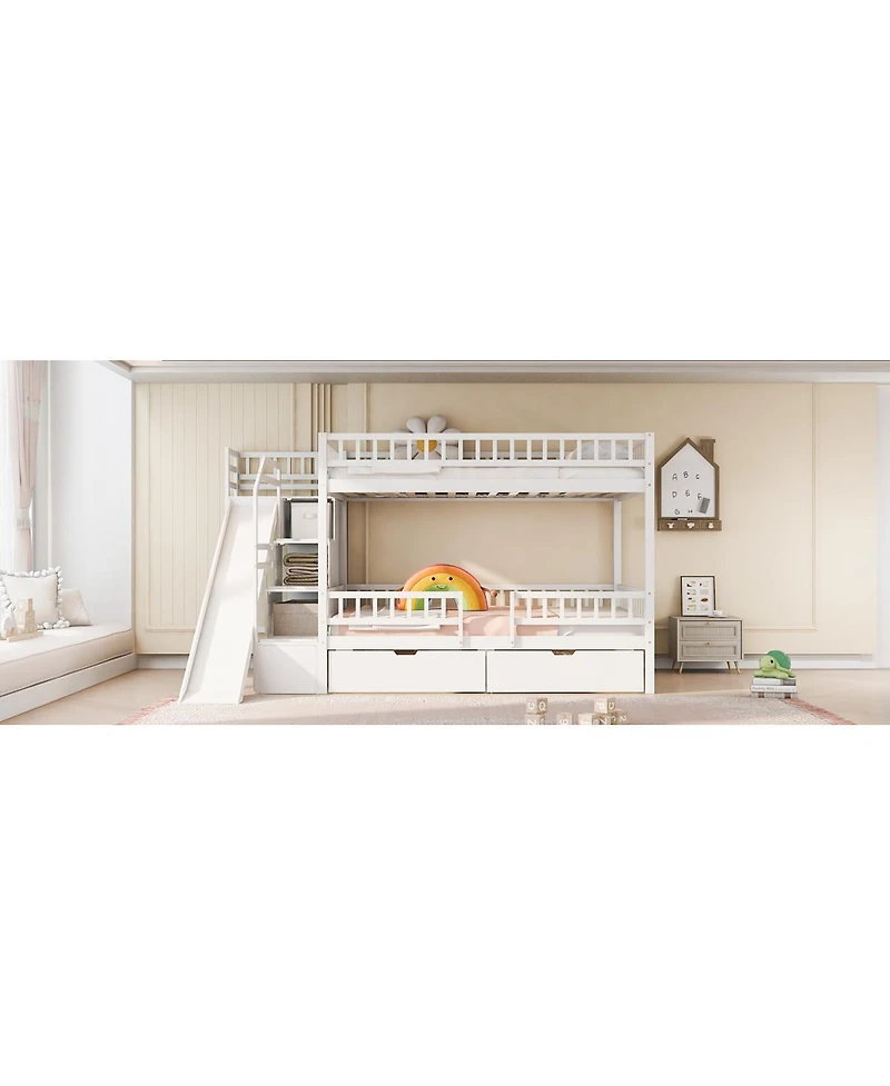 Streamdale Furniture Full over Full Bunk Bed with Storage Staircase, Slide and 2 Drawers