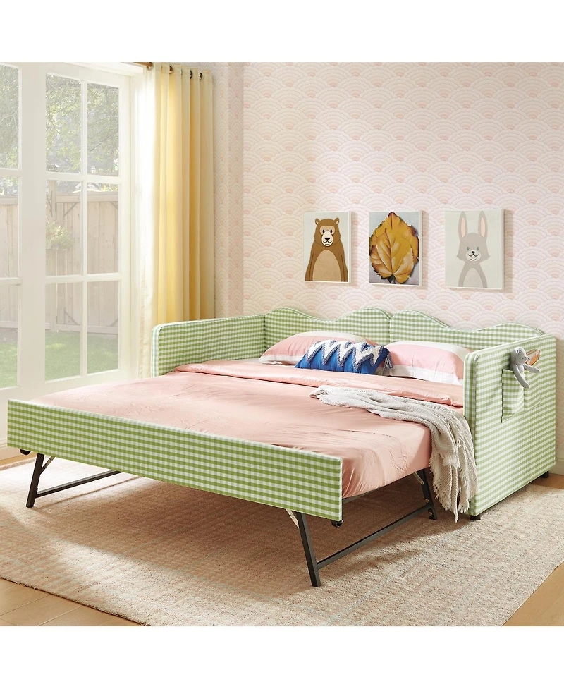 Streamdale Furniture Gingham Upholstered Twin Daybed with Trundle and Side Storage Pocket