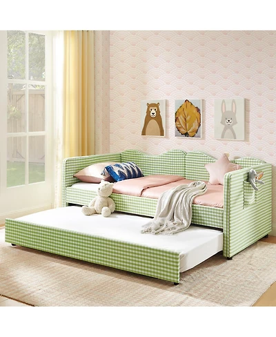 Streamdale Furniture Gingham Upholstered Twin Daybed with Trundle and Side Storage Pocket