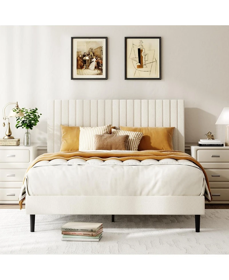 Streamdale Furniture Queen Size Velvet Upholstered Platform Bed with Adjustable Headboard
