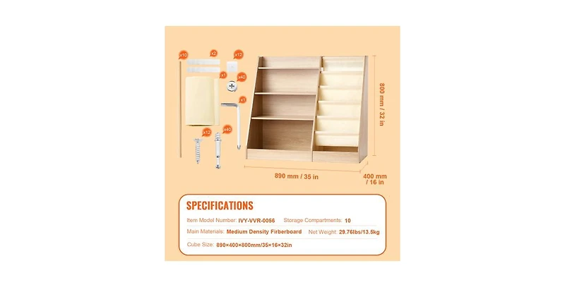 flynama 4-Tier Wooden Kids Bookshelf with Sling Book Rack for Playroom