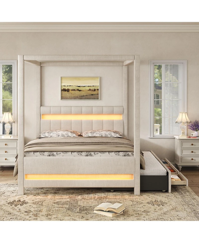 Streamdale Furniture Queen Upholstered Canopy Platform Bed with Led Lights, Trundle and 3 Drawers