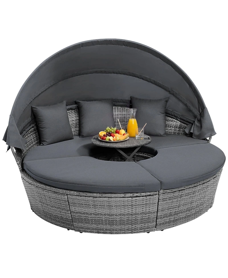Sugift Outdoor Pe Wicker Round Daybed with Retractable Canopy Cushions and Lift Table