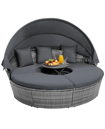 Sugift Outdoor Pe Wicker Round Daybed with Retractable Canopy Cushions and Lift Table