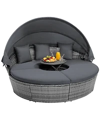 Sugift Outdoor Pe Wicker Round Daybed with Retractable Canopy Cushions and Lift Table