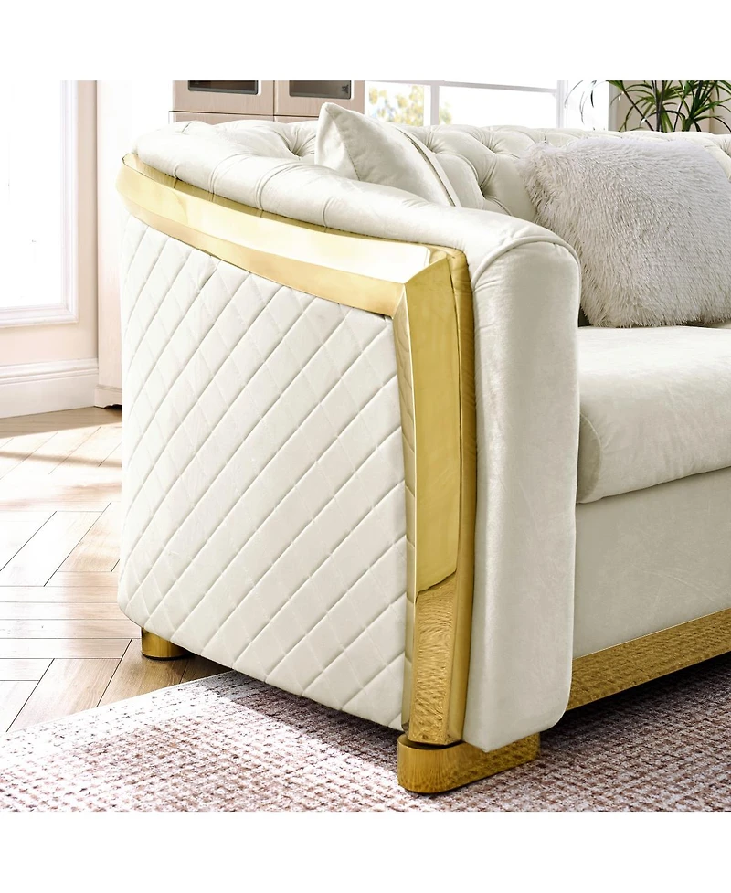 Streamdale Furniture 106" L-Shaped Velvet Chesterfield Sectional Sofa with Gold Accents
