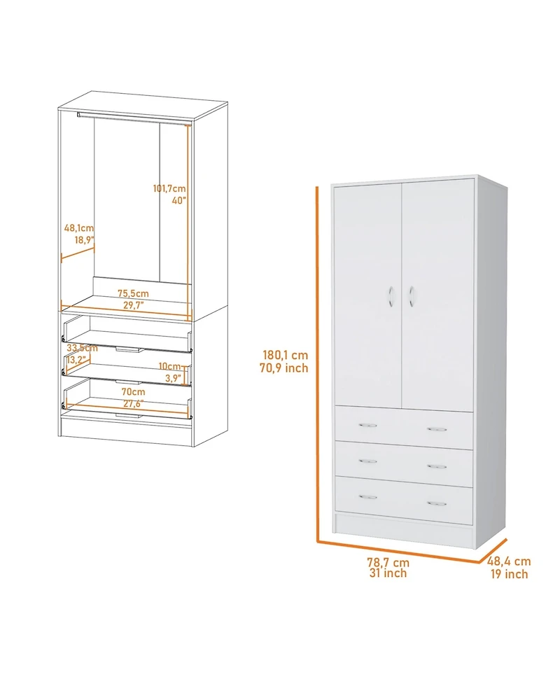 Fm Furniture Prescott Armoire, with 2 doors, 3 drawers and 1 hanging rod