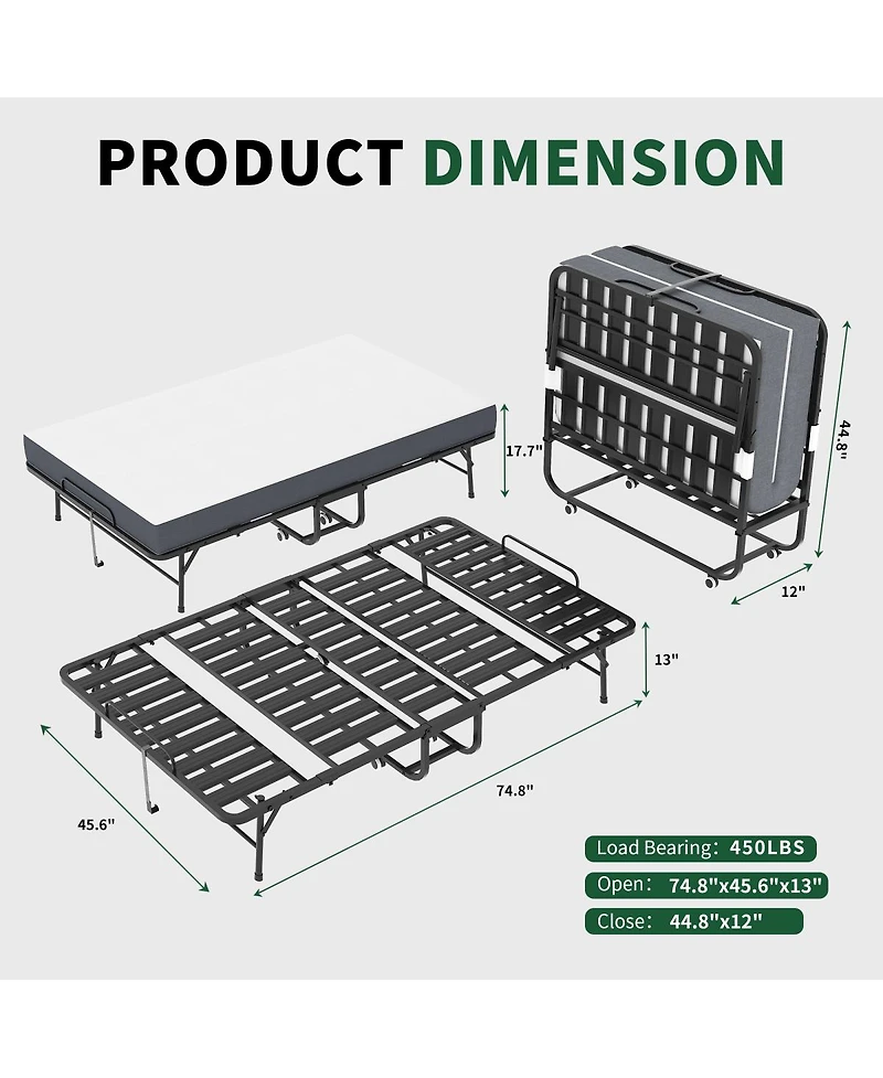 Streamdale Furniture 75"x46" Extra-Wide Folding Guest Bed with 5" Memory Foam, 450lbs Capacity