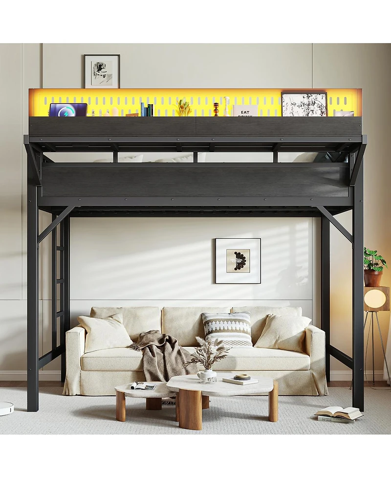 Streamdale Furniture Twin Xl Metal Loft Bed with Storage, Pegboard, Usb, and Led Lights