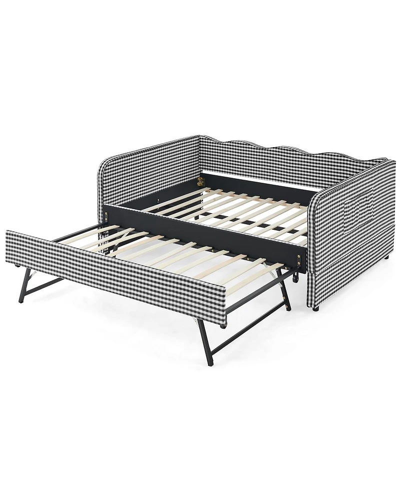 Streamdale Furniture Gingham Upholstered 3-in-1 Convertible Daybed with Trundle and Storage