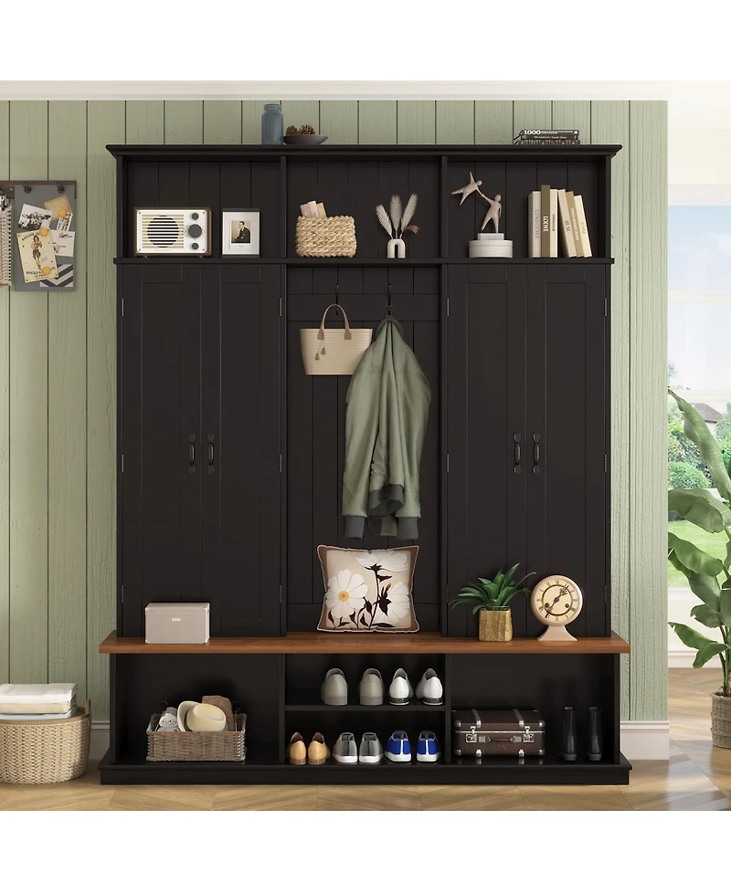 Streamdale Furniture 62.2''W Farmhouse Hall Tree with Bench, Storage Cubbies, Hooks and Cabinets