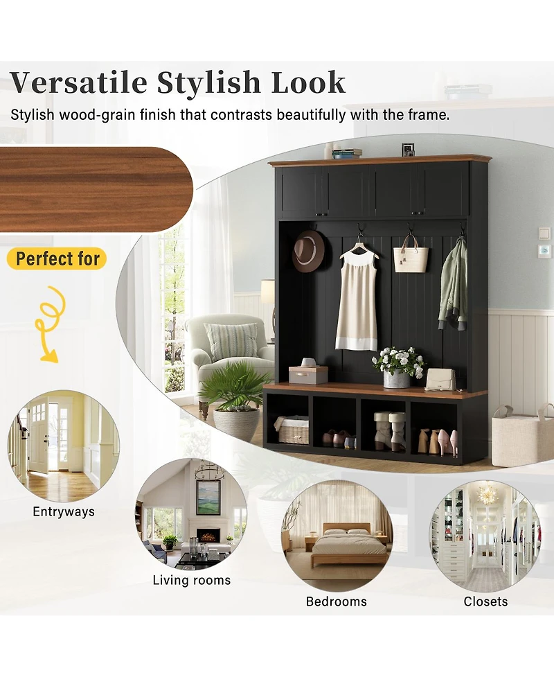 Streamdale Furniture 59''W Farmhouse Hall Tree with Bench, Storage Cabinets, and Coat Hooks