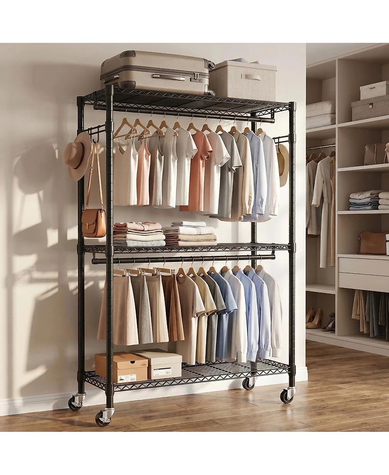 Streamdale Furniture Heavy Duty 3-Tier Rolling Garment Rack with Double Rods and Side Hooks