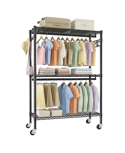 Streamdale Furniture Heavy Duty 3-Tier Rolling Garment Rack with Double Rods and Side Hooks