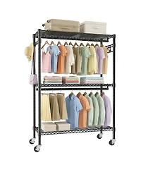 Streamdale Furniture Heavy Duty 3-Tier Rolling Garment Rack with Double Rods and Side Hooks