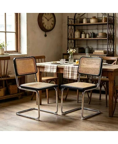 Streamdale Furniture Set of 2 Rattan Mid-Century Modern Dining Chairs with Chrome Legs
