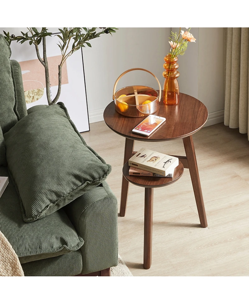 Streamdale Furniture 2-Tier Solid Wood Round Side Table with Storage Shelf