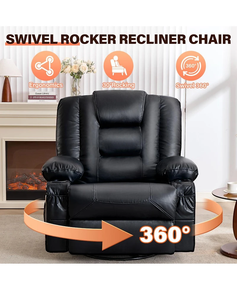 Streamdale Furniture Oversized Swivel Rocker Recliner with Massage, Heat, and Usb Port