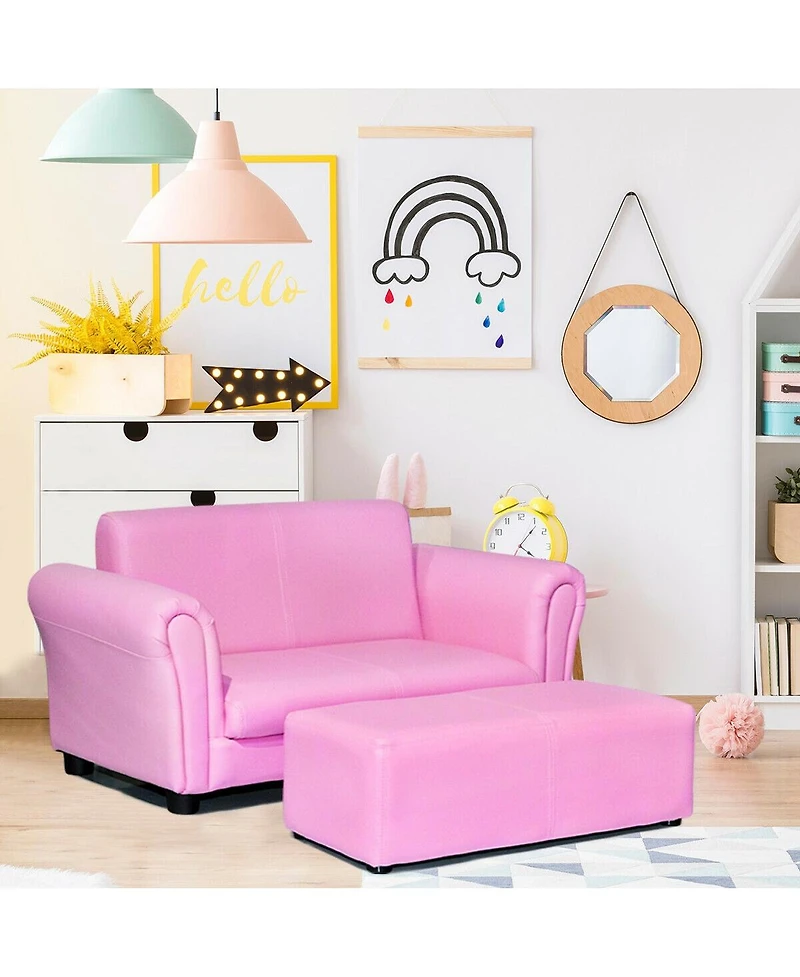 Gouun Kids 2-Seat Soft Sofa Set with Ottoman for Playroom and Bedroom, 32.5 inch