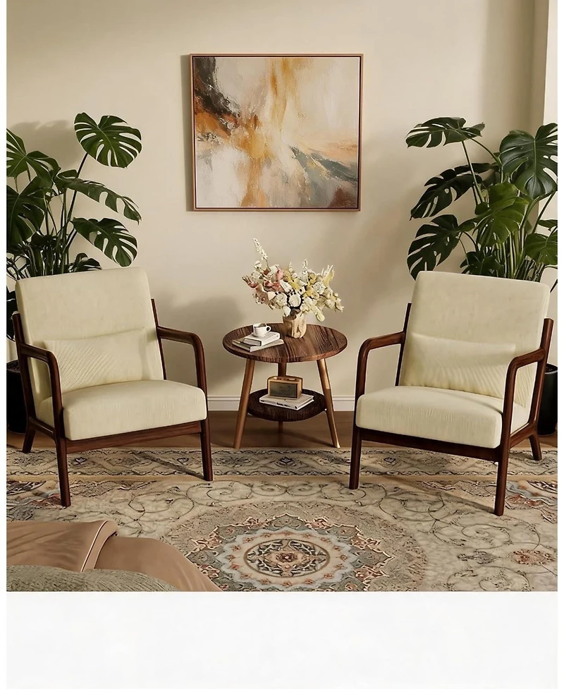 homfan Set of 2 Corduroy Accent Chairs with Lumbar Pillows, Mid-Century Wood Frame