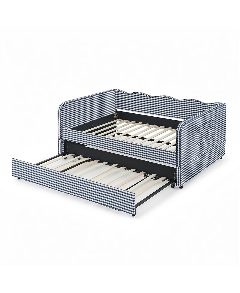 Streamdale Furniture Gingham Upholstered 3-in-1 Full-Size Daybed with Trundle and Storage