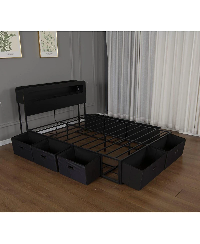 Streamdale Furniture Full Size Bed Frame with Led Headboard, Charging Station and 8 Storage Drawers