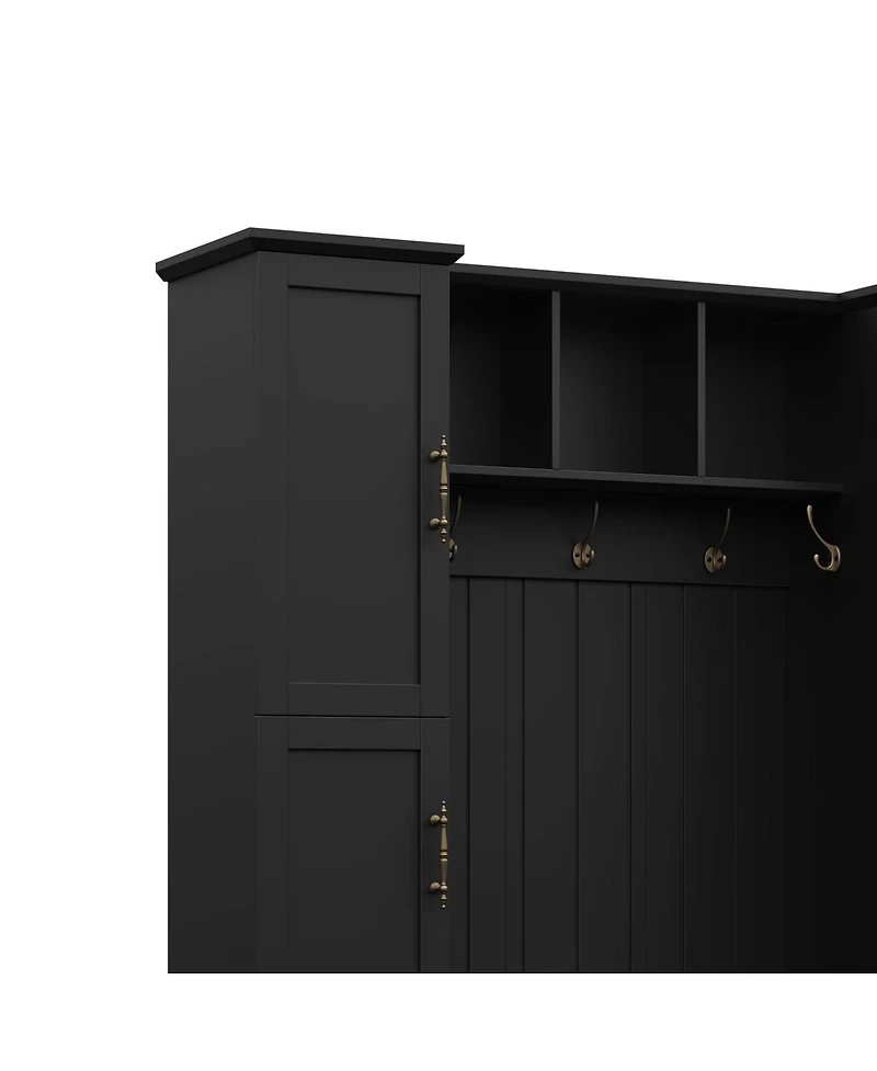 Streamdale Furniture Farmhouse Hall Tree with 4 Side Cabinets, Bench, and Coat Rack