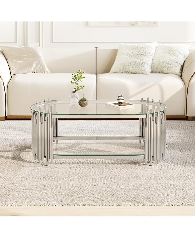 Streamdale Furniture Luxury Silver 2-Tier Oval Glass Coffee Table with Stainless Steel Frame