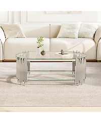 Streamdale Furniture Luxury Silver 2-Tier Oval Glass Coffee Table with Stainless Steel Frame