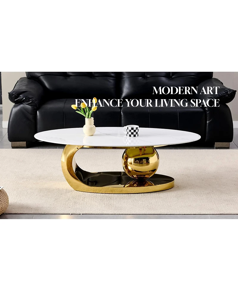 Streamdale Furniture 51.2" Oval Faux Marble Coffee Table with Gold Stainless Steel Base