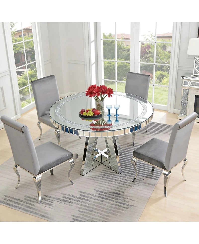 Streamdale Furniture Diamond Crush Round Mirrored Glass Dining Table with Mirrored Base