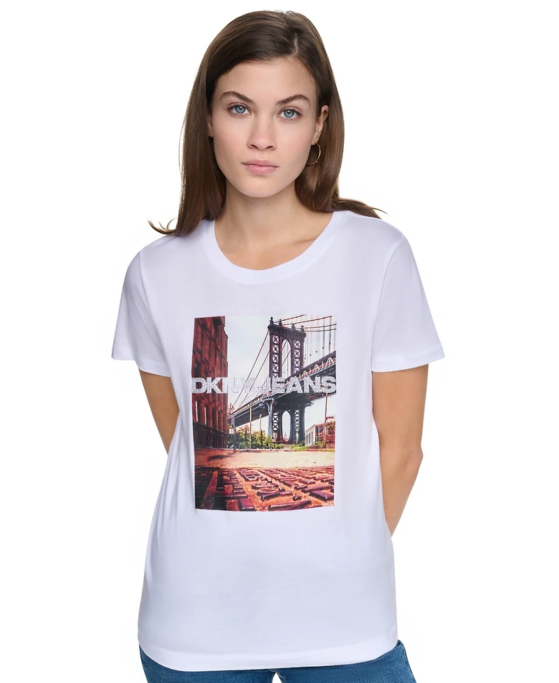 Dkny Jeans Women's Photoreal Brooklyn Logo Crewneck Graphic T-Shirt
