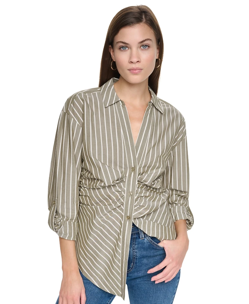 Dkny Jeans Women's Ruched Roll-Tab Sleeve Button-Front Shirt